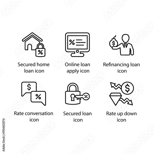 Secured home loan, loan apply, Refinancing loan, Rate conversation, Secured loan, Rate up down, icon