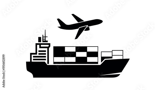 Black silhouette of a cargo ship with containers and an airplane flying above for logistics and transportation concepts