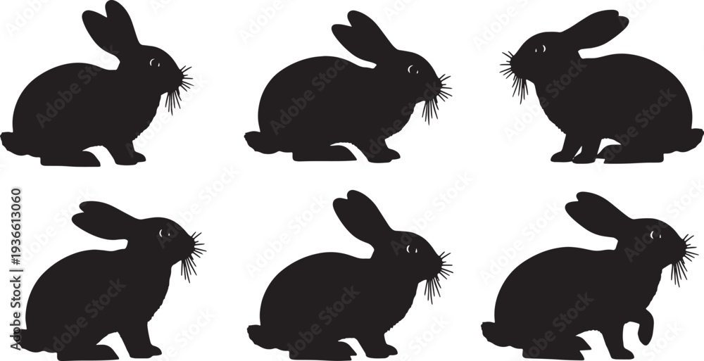 Obraz premium Black Solid Alert Twitching Bunny Silhouettes Set of Six on White Background