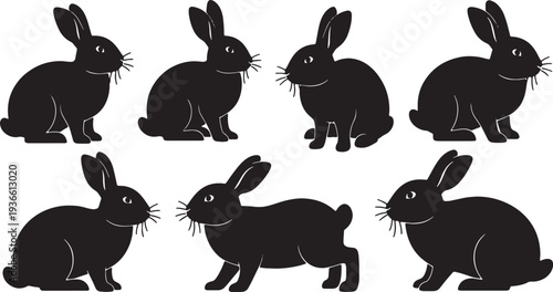 Black Solid Alert Bunny Silhouettes Set of Six on White Background
