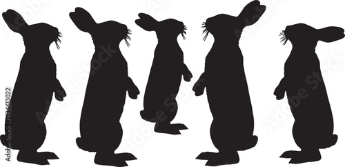 Black Solid Alert Standing Bunny Silhouettes Set of Six on White Background