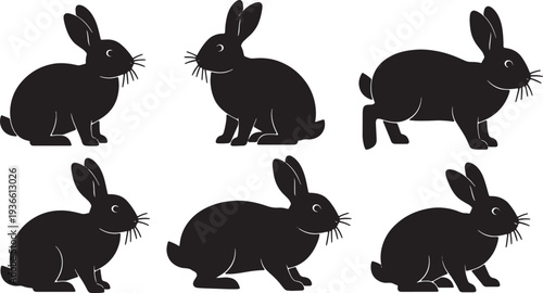 Black Solid Alert Bunny Silhouettes Set of Six on White Background