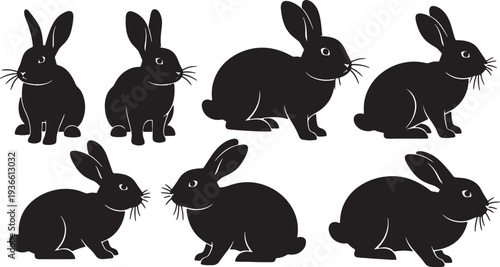 Black Solid Alert Bunny Silhouettes Set of Six on White Background