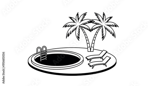 Black and white illustration of a swimming pool with palm trees and a lounge chair on a sunny day