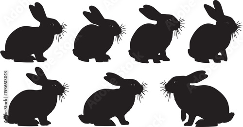 Black Solid Alert Twitching Bunny Silhouettes Set of Six on White Background