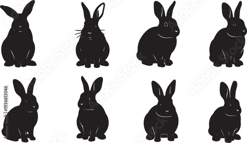 Black Solid Alert Bunny Silhouettes Set of Six on White Background