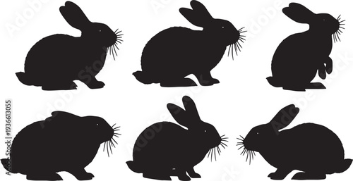 Black Solid Alert Twitching Bunny Silhouettes Set of Six on White Background