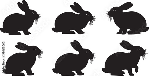 Black Solid Alert Twitching Bunny Silhouettes Set of Six on White Background