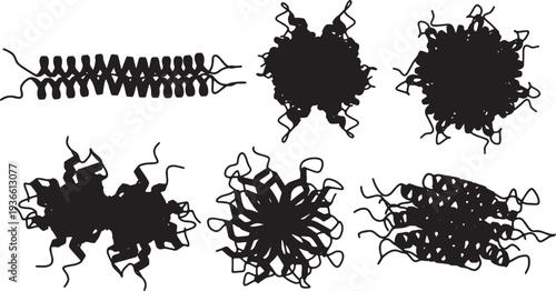 Black Solid Amino Acid Protein Silhouettes Set of Six on White Background
