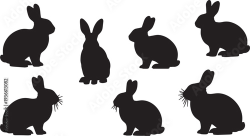 Black Solid Alert Twitching Bunny Silhouettes Set of Six on White Background