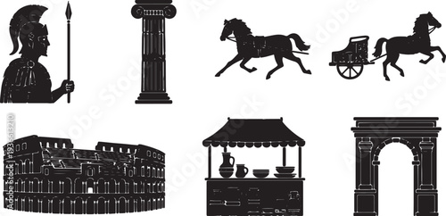 Black Solid Ancient Roman City Silhouettes Set of Six on White Background