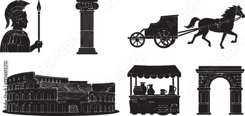 Black Solid Ancient Roman City Silhouettes Set of Six on White Background