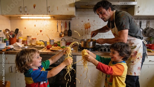 In a lively kitchen filled with splashes of sauce, a father stirs a pot while his two cheerful children hold strands of spaghetti, sharing joyful smiles and laughter.