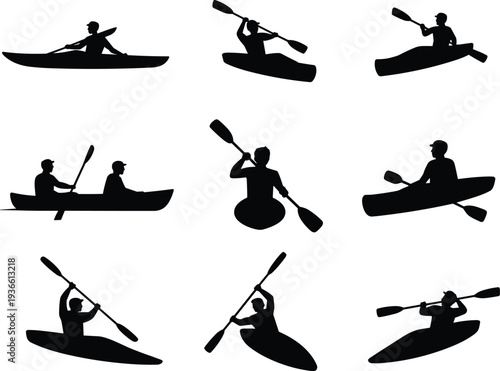 Kayak and canoe paddling silhouettes set with people rowing boat isolated on white background water sport activity collection