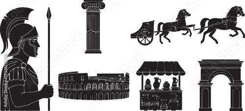 Black Solid Ancient Roman City Silhouettes Set of Six on White Background