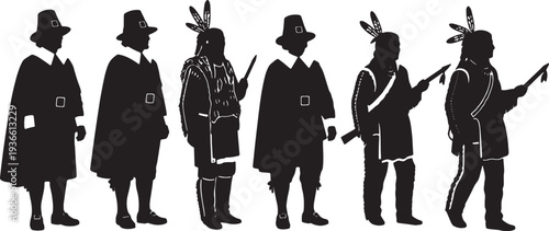 Black Solid Historical Fur Attire Set of Six on White Background