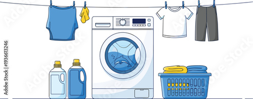 Laundry washing machine with detergent clothesline and basket household cleaning flat vector illustration