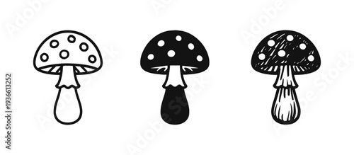 Mushroom Icon Set in Outline, Solid, and Doodle Styles - Forest Fungus Symbol Collection for Nature and Food