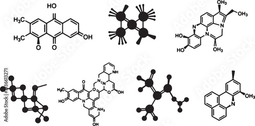 Black Solid Antibiotic Molecular Silhouettes Set of Six on White Background