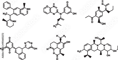 Black Solid Antibiotic Molecular Silhouettes Set of Six on White Background