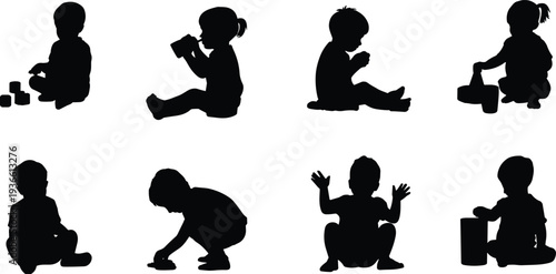 Kids playing silhouettes set with toddlers sitting building blocks drinking and playing toys childhood activity icons collection