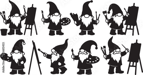 Black Solid Artistic Gnome Silhouettes Set of Six on White Background