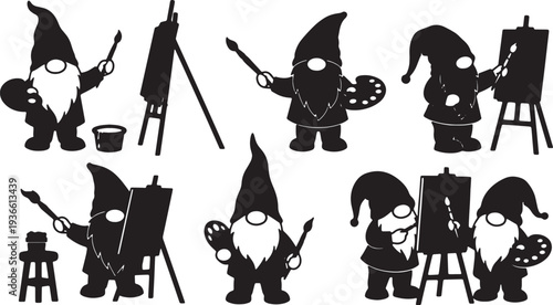 Black Solid Artistic Gnome Silhouettes Set of Six on White Background