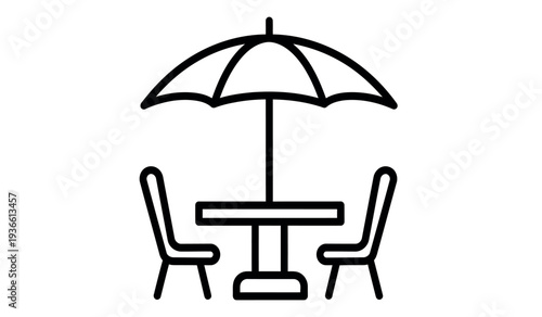 A simple line drawing of an outdoor table with two chairs and an umbrella