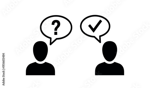Two people icons with question mark and check mark in speech bubbles