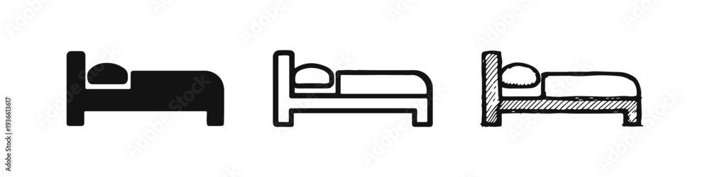 Fotografie Bed icon set in flat, line, and doodle styles