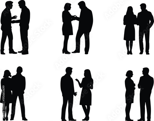 People conversation silhouettes set with men and women talking standing together social interaction communication discussion couple meeting icons