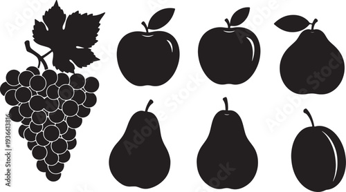 Black Solid Autumn Fruit Silhouettes Set of Six on White Background