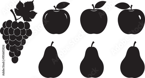 Black Solid Autumn Fruit Silhouettes Set of Six on White Background