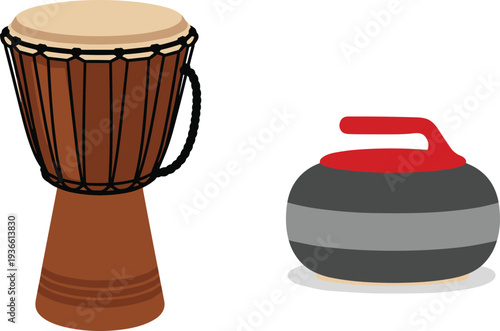 Djembe drum and curling stone sport and music objects flat vector illustration set