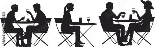People sitting at cafe table drinking wine silhouettes set with couple conversation and restaurant meeting isolated on white background