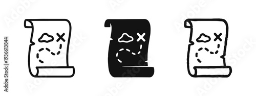Set of unrolled treasure map icons with X marks the spot, in outline, solid, and hand-drawn styles.