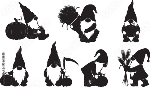 Black Solid Autumn Harvest Gnome Silhouettes Set of Six on White Background
