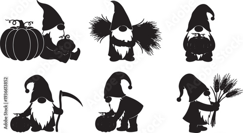 Black Solid Autumn Harvest Gnome Silhouettes Set of Six on White Background