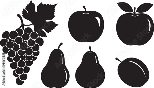 Black Solid Autumn Fruit Silhouettes Set of Six on White Background