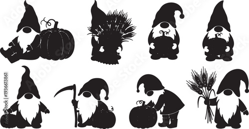 Black Solid Autumn Harvest Gnome Silhouettes Set of Six on White Background
