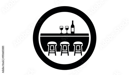 A black and white icon of a bar with three stools and a bottle and glasses on the counter