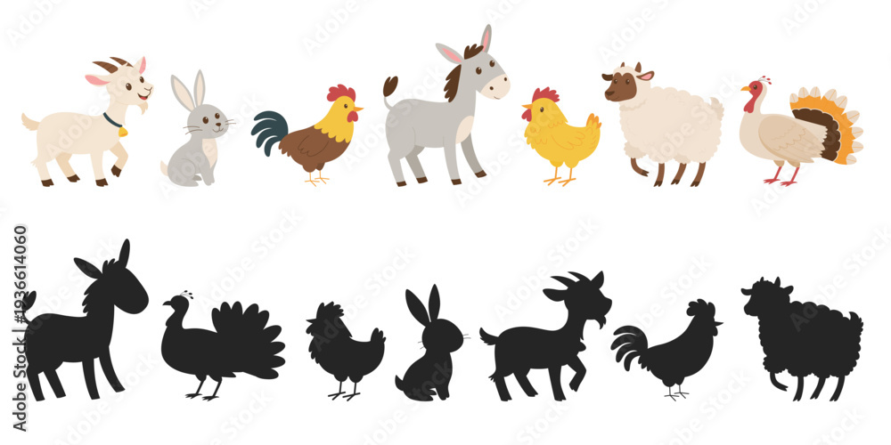 Obraz premium Guess the shadow. Farm Animals Vector Set with Silhouettes. Cartoon Collection with Goat, Rabbit, Donkey, Rooster, Chicken, Sheep and Turkey.