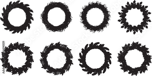 Black Solid Autumn Wreath Silhouettes Set of Six on White Background