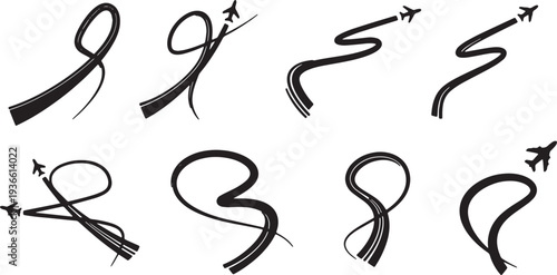 Black Solid Aviation Flight Light Trail Silhouettes Set of Six on White Background
