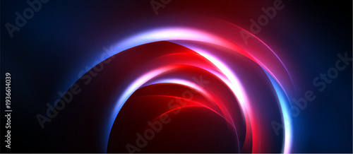Abstract design features layered, glowing arcs. Red, blue, white hues create dynamic visual effect against dark background. Smooth gradients dominate composition.