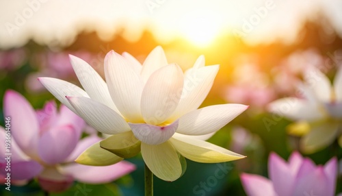 Radiant White Lotus Flower Bathed in the Golden Glow of a Serene Sunrise