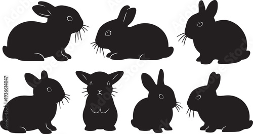 Black Solid Baby Bunny Silhouettes Set of Six on White Background