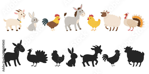 Guess the shadow. Farm Animals Vector Set with Silhouettes. Cartoon Collection with Goat, Rabbit, Donkey, Rooster, Chicken, Sheep and Turkey.