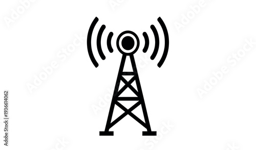 A black and white illustration of a radio tower with signal waves emitting from the top