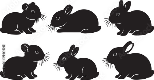 Black Solid Baby Bunny Silhouettes Set of Six on White Background